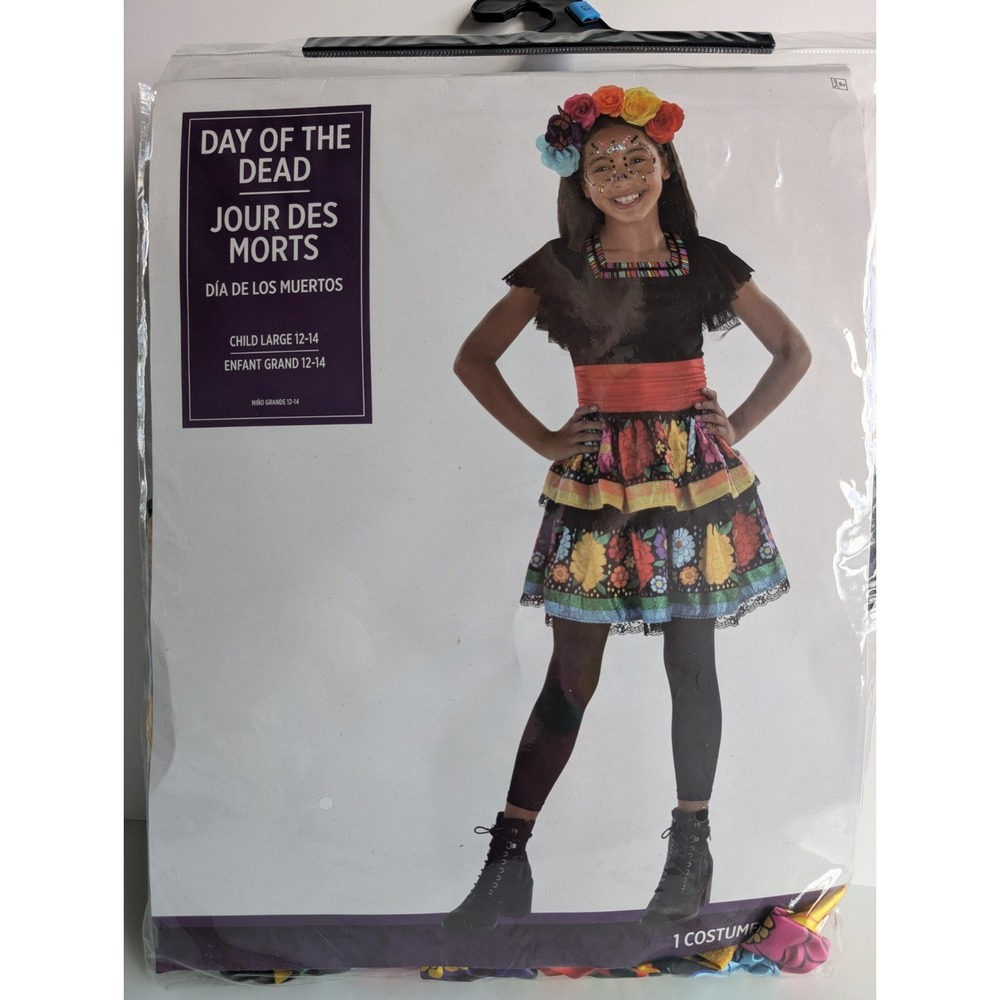 DAY OF THE DEAD COSTUME CHILD M 8-10 DRESS/HEADBAND HALLOWEEN